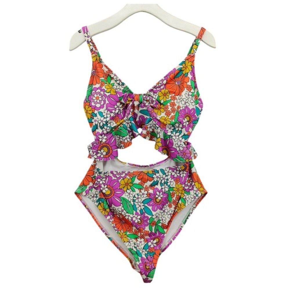 Hurley Women Retro Vibrant 70s Groovy One Piece Swimsuit 1X Floral Cutout Ruffle